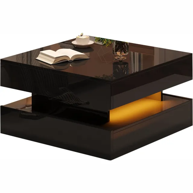 Ropilly Moderne Salontafel Zwart - Vierkante Hoogglans Salontafel - Met Liftblad en Opbergruimte - App LED Verlichting - Voor Woonkamer - 65x65x38,5 cm - Zwart