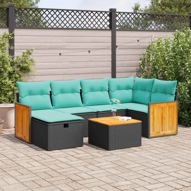 vidaXL 7-delige Loungeset met kussens poly rattan zwart, foto 2