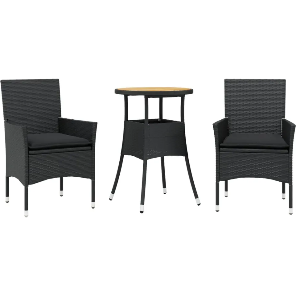 vidaXL 3-delige Tuinset met kussens poly rattan en acaciahout zwart, foto 3