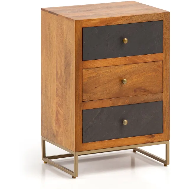 Ervesto WL6.767 - Nachtkastje - Nachtkast - Mango Massief Hout En Metaal - 40x60x30 Cm - 3 Lades - Bruin En Antraciet - Handgemaakt - Voor Boxspringbed