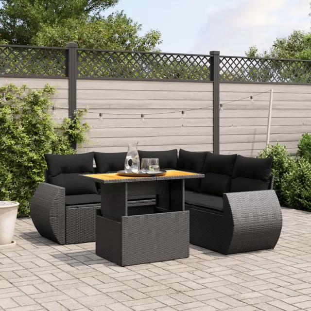 vidaXL 6-delige Loungeset met kussens poly rattan zwart, foto 2