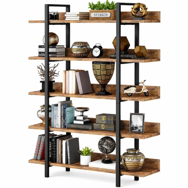 Nyoz boekenplank - Boekenkast - Boekenrek - 5 laags - 180 cm hoog - 30 kg per plank - Metalen frame - Industrieel - 105 cm breed Bruin