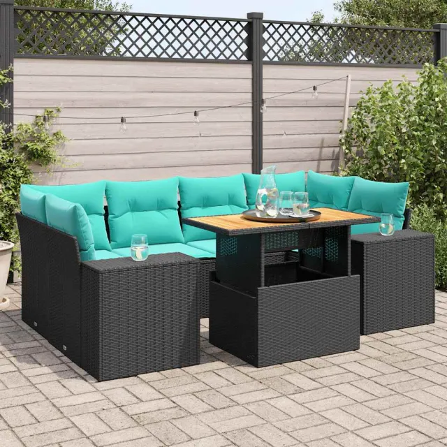 vidaXL 7-delige Loungeset met kussens poly rattan zwart, foto 2