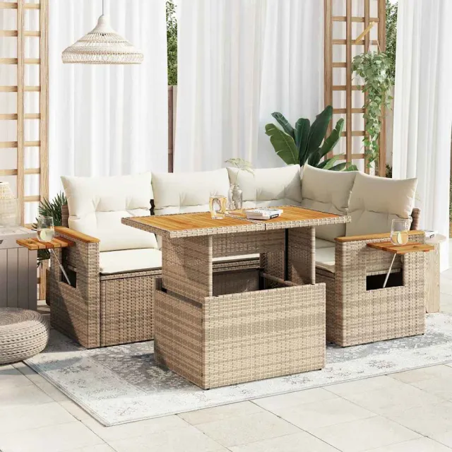 vidaXL 5-delige Loungeset met kussens poly rattan en acaciahout beige, foto 2