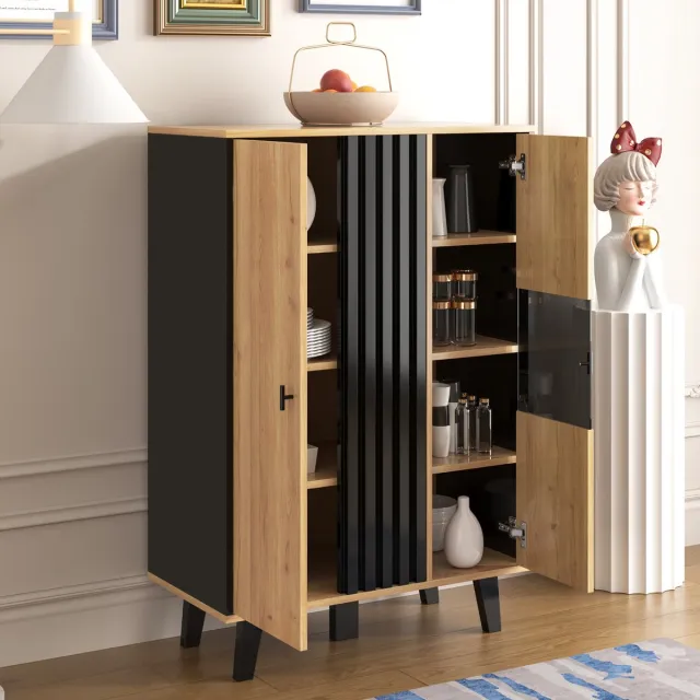 MODENUIT Vitrinekast - 2 Deuren Met Glas En LED-Verlichting - Voor Woonkamer - Spaanplaat Zwart/Houtlook - 80x120x40 cm Natuurlijk