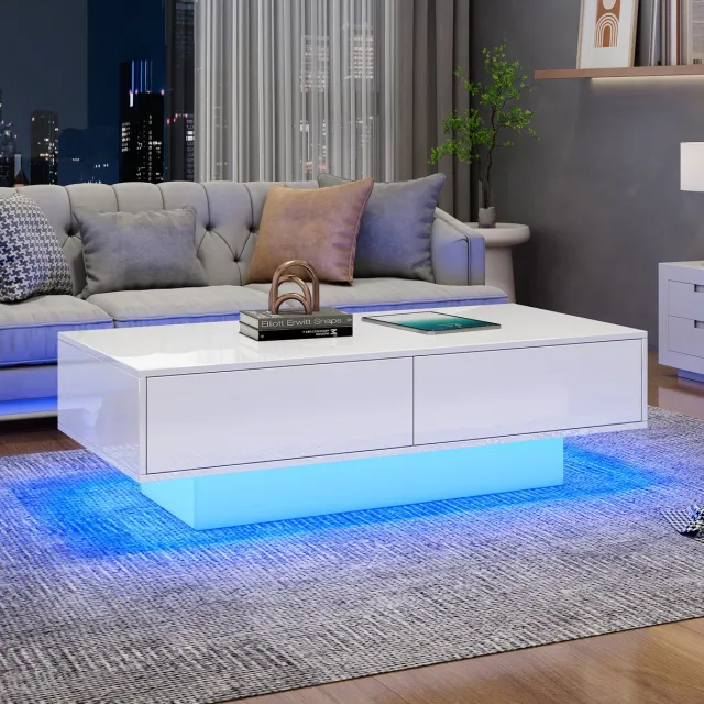 MEUNIQ Salontafel 115 x 55 x 34 cm met 2 lades en geïntegreerde ledverlichting, hoogglans wit, rechthoekige woonkamer koffietafel