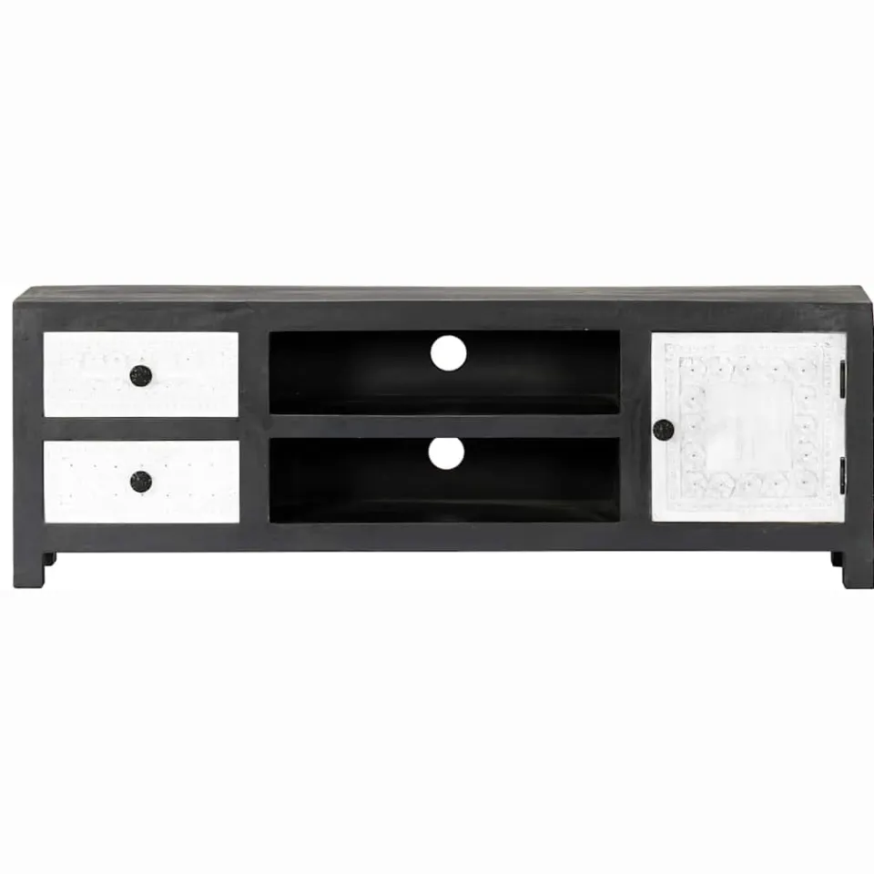 vidaXL Tv-meubel handgesneden 120x30x40 cm massief mangohout grijs wit, foto 3