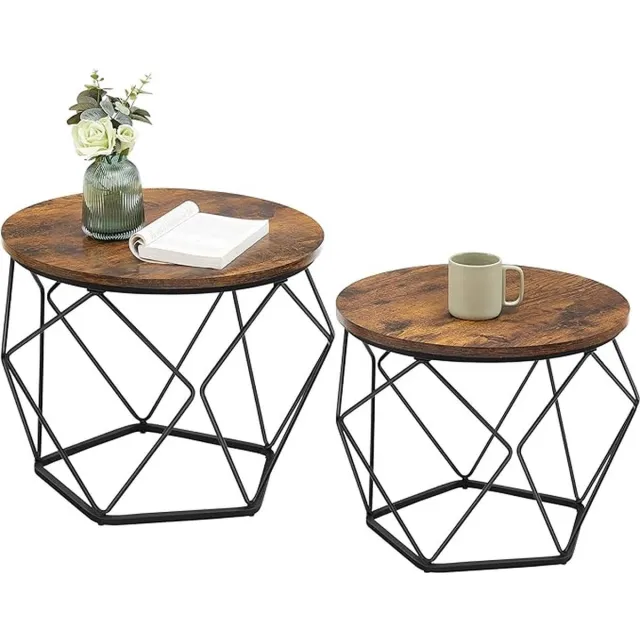 MAZAZU MIRA Home Salontafel Set van 2 - Ronde Bijzettafels - Rustiek Bruin/Zwart - 50 x 50 x 40 cm Rustiek Bruin + Zwart
