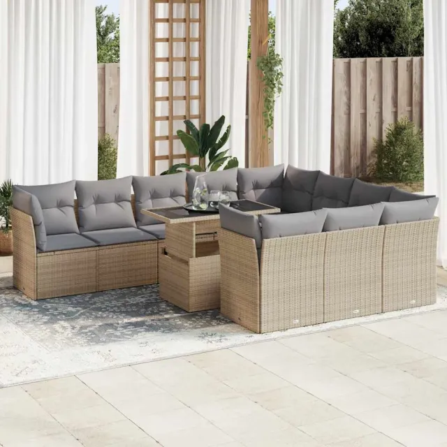 vidaXL 11-delige Tuinset met kussens poly rattan beige, foto 2