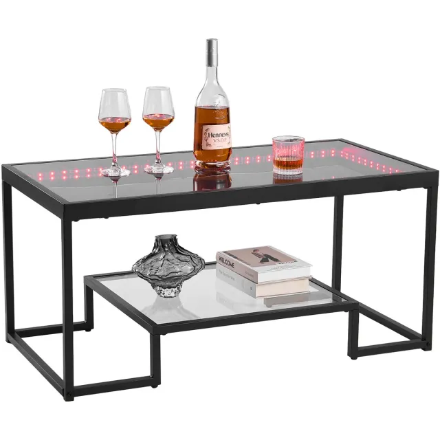 Vevor Salontafel/Bijzettafel Van Gehard Glas Met Verlichting, Rechthoekige Glazen Tafel Met Twee Niveaus en Open Opbergruimte, Metalen Salontafel voor Woonkamer en Kantoor 100 X 51 X 48 Cm Zwart