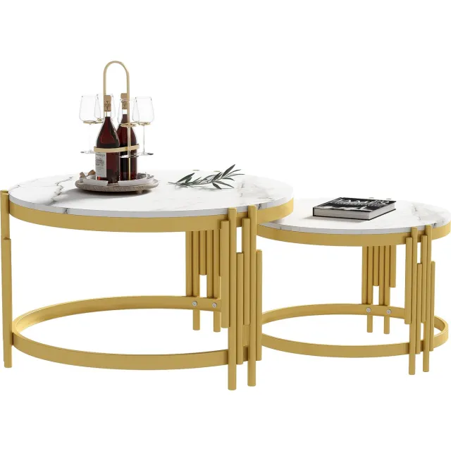Clruro Modulair Salontafel Set - Marmerlook - Gouden Metaalframe - Ronde Tafel in Twee Maten - MDF - Wit