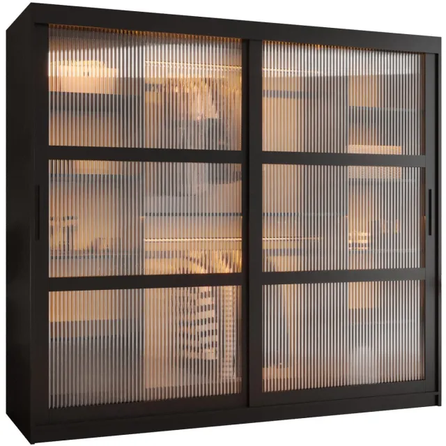 AJE Meubles B.V. Zweefdeurkast Kledingkast met 2 schuifdeuren glanzen slaapkamerkast Kledingstang met planken Garderobekast met geribbeld glas - ARTON (200 cm, Zwart)