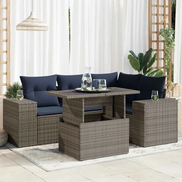 vidaXL 5-delige Loungeset met kussens poly rattan grijs, foto 2