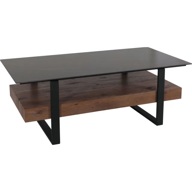 MCW Salontafel MCW-L88, woonkamer tafel tafel, plank ijzer 43x120x60cm gesinterde steen marmer look zwart hout donkerbruin