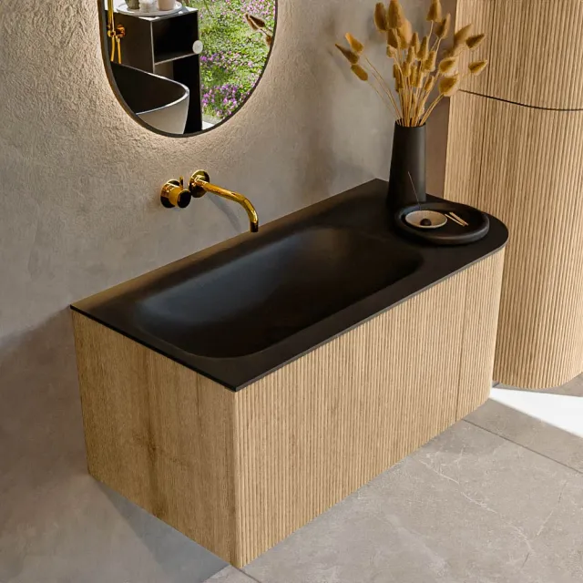 Mondiaz KURVE 95 cm Onderkast Greeploos 1 Lade Met Deuren Oak, Wastafel Solid Surface Links Urban 0 Kraangaten Zonder Spiegel (KRVBGS95R1L1D0KL-Oak/Urb)