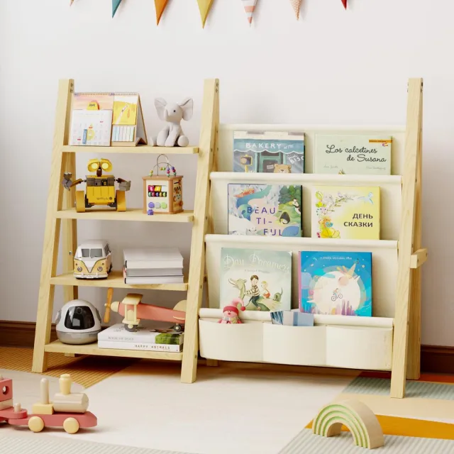 Ibenzoa Houten boekenkast voor kinderen met vier niveaus en opbergruimte Naturel