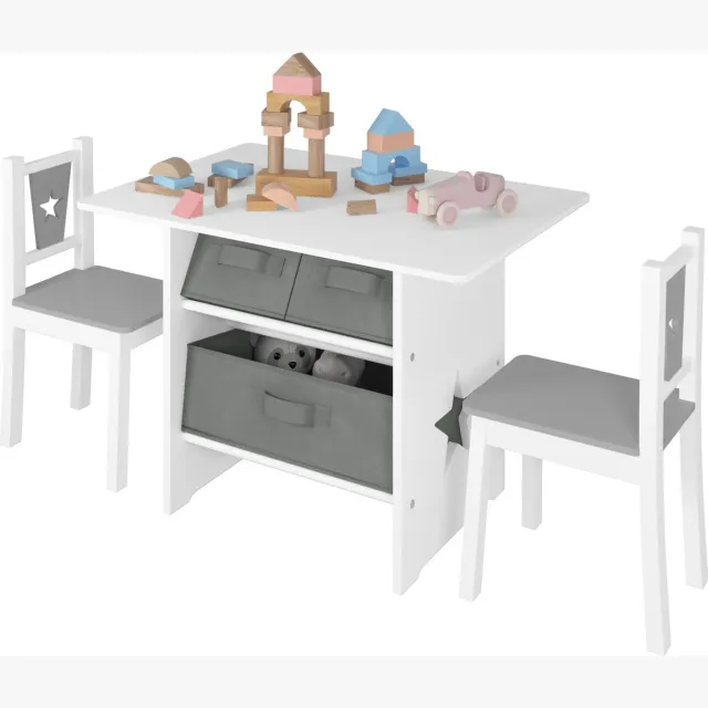 DHN Kindertafel set met stoelen - Tafel Met Opslagruimte - Kindertafel met 2 stoeltjes - Opbergruimte - Peuterstafel - Activiteiten tafel - Wit met Grijs Wit - Grijs