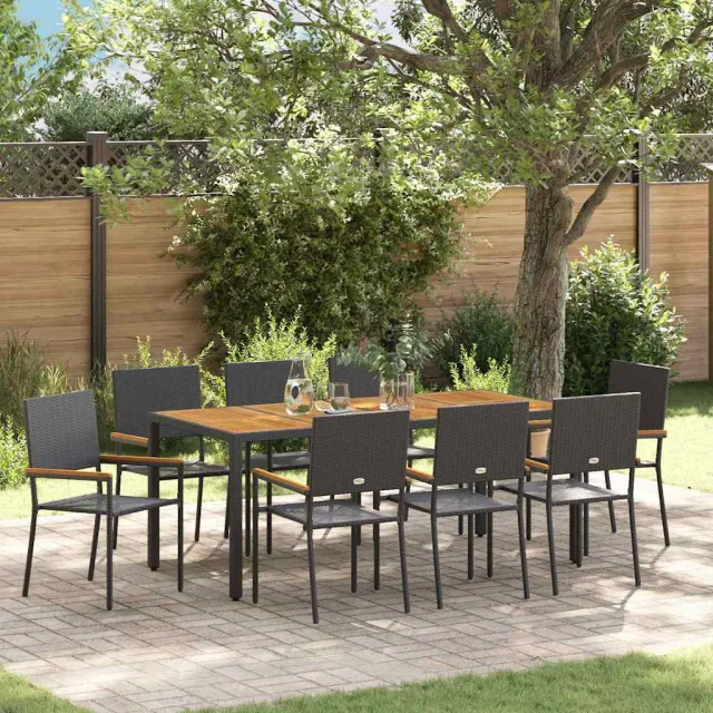 vidaXL Tuin eettafelset 9 st Zwart poly rattan
