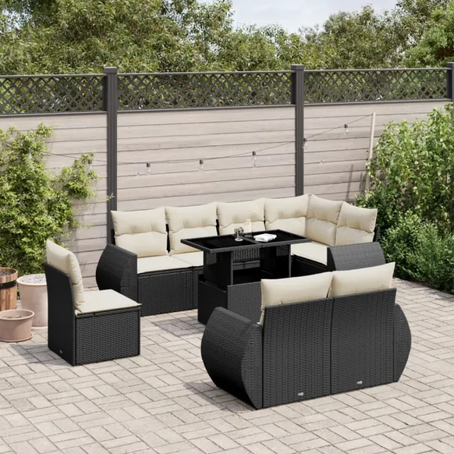 vidaXL 9-delige Loungeset met kussens poly rattan zwart, foto 2