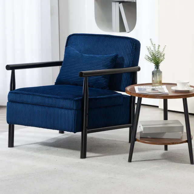 Wishdor Fauteuil blauw velvet met armleuningen en lendenkussen - Klassiek modern - Houten frame - 61 x 80 x 71,9 cm Blue