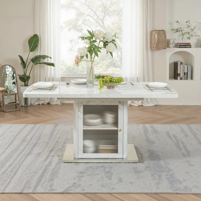 DESMIU Eettafel - Uitschuifbaar van 120 tot 160 cm - Kastpoot met Glazen Deuren - Voor de Eetkamer - MDF, Staal en Glas - Wit - 160 x 80 x 76 cm
