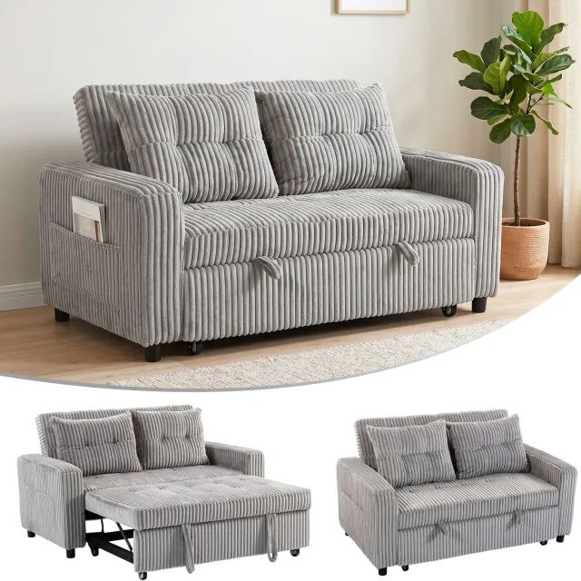 TEKROA 2-zits slaapbank - bekleding van corduroy - om te bouwen tot slaapbank - 2 kussens, zijvakken - 157 x 190 cm - lichtgrijs