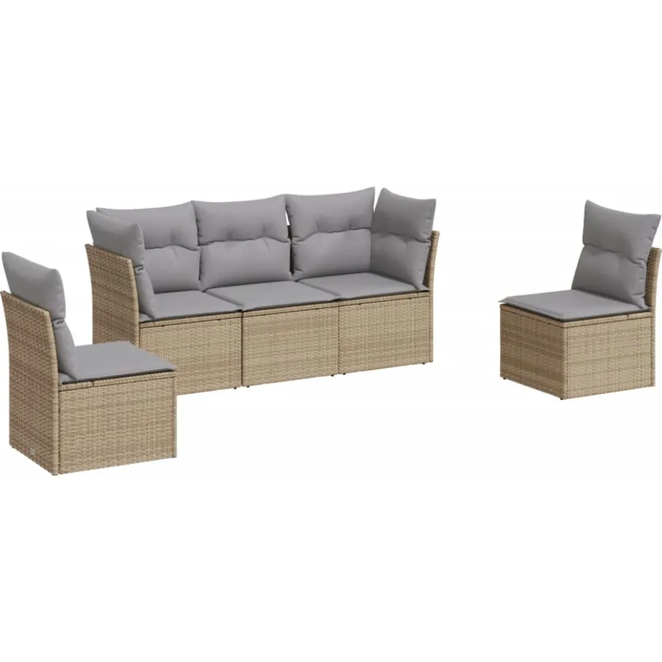 vidaXL 5-delige Loungeset met kussens poly rattan beige, foto 3
