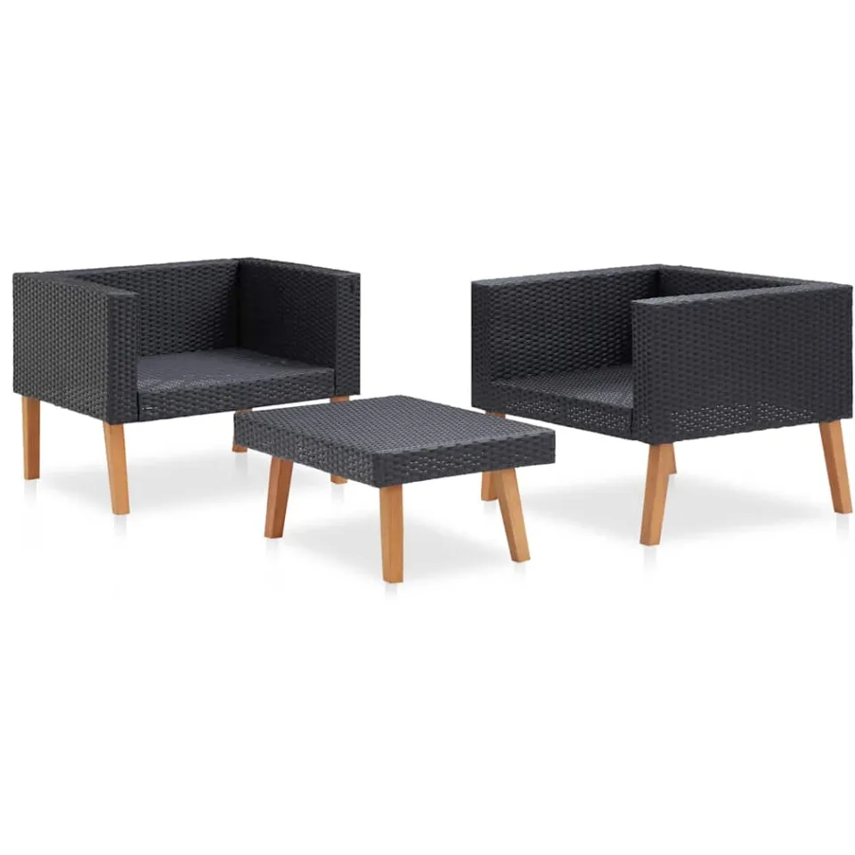 vidaXL 3-delige Loungeset met kussens poly rattan zwart, foto 4