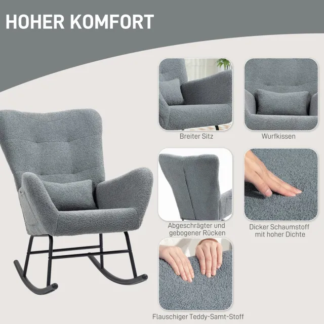 HAUSS SPOLE Schommelstoel Fauteuil Grijs Teddystof Met Armleuningen En Lendenkussen Voor Woonkamer En Slaapkamer Met Zijvak Van Metaal Grey