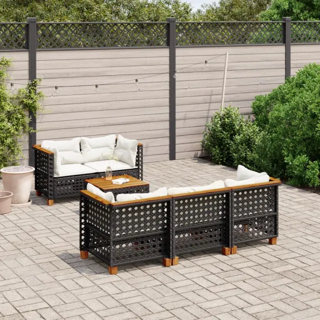 vidaXL 6-delige Loungeset met kussens poly rattan zwart, foto 2