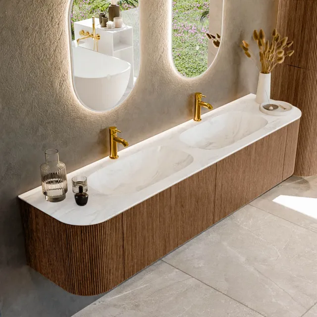 Mondiaz KURVE-DLUX 190 cm Onderkast Greeploos 2 Lades Met Deuren Walnut, Wastafel Solid Surface Dubbel Ostra 2 Kraangaten Zonder Spiegel (KRVSTS190L+R2L2D2KD-Wal/Ost)