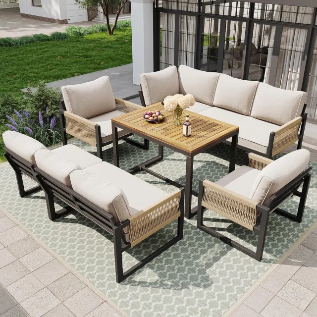 Laura Tuinlounge set voor 8 personen met eettafel 115x60x64 cm – modulaire hoekbank, tuinbank en stoelen inclusief dikke kussens – verstelbare poten – luxe outdoor meubelset beige – Laura
