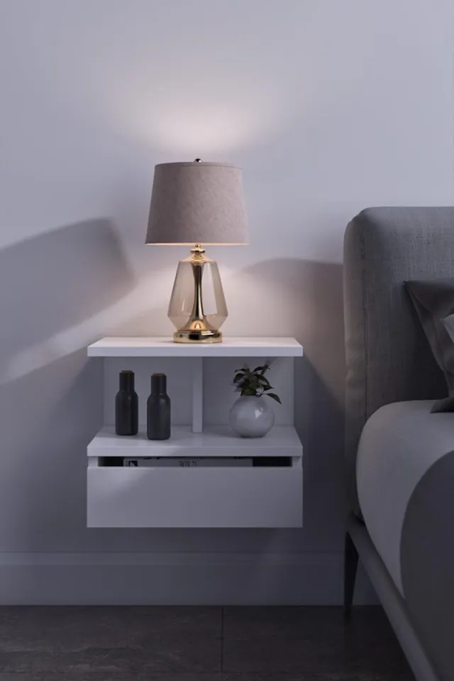 Dekornik SNS Home - Flora 17-04 - Nachtkastje met Sectie/Verdeling - Met Beweegbare Hoes - Nachtkastje Zwevend - 40x34x31 cm - Wit