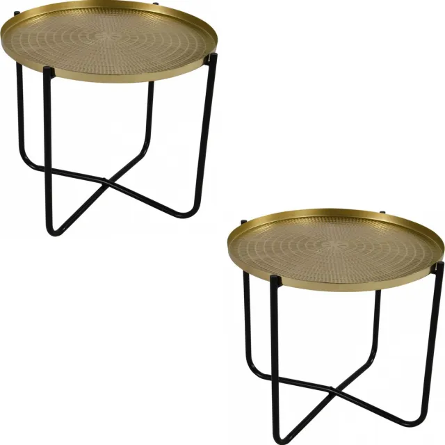 Lesliliving 2x stuks ronde bijzettafels/plantenstandaarden goud/zwart 35 cm - plantenhouder/plantentafel/oppottafel Goudkleurig