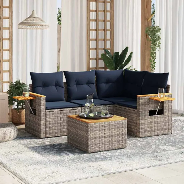 vidaXL 5-delige Loungeset met kussens poly rattan grijs, foto 2
