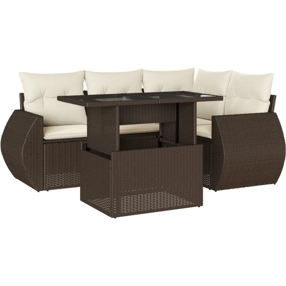 vidaXL 5-delige Loungeset met kussens poly rattan bruin, foto 3