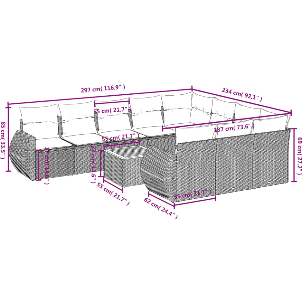 vidaXL 11-delige Tuinset met kussens poly rattan beige, foto 3