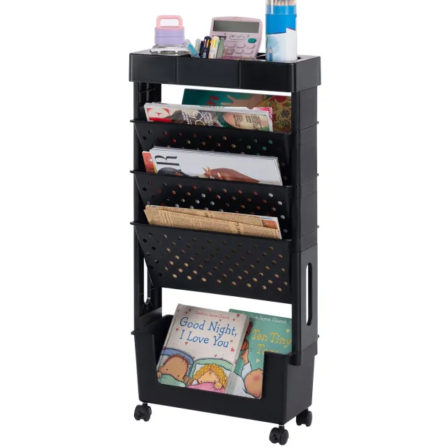 Famanu Mobiele boekenplank met wielen, kleine rollende boekenkast opbergtrolley, 5-laags slanke boekenkast voor woonkamer, slaapkamer of kantoor, kleur zwart