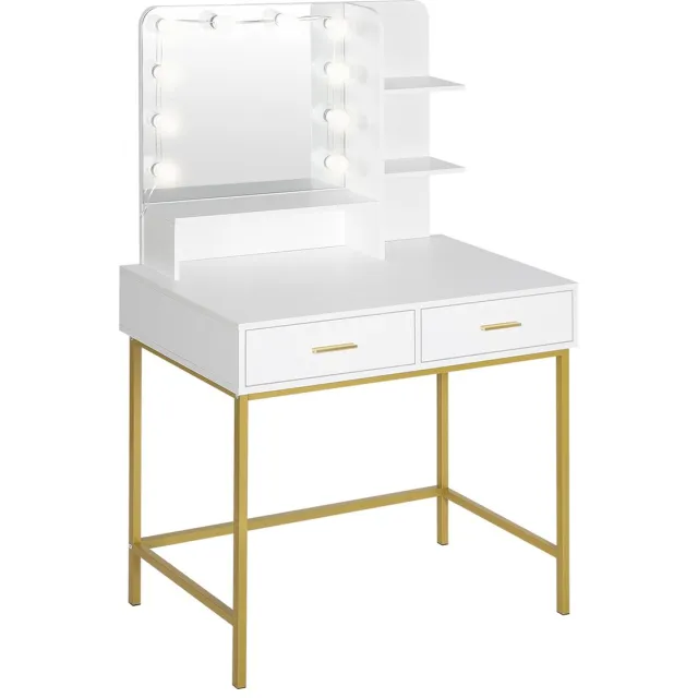 KAMYRA Kaptafel met Spiegel en Verlichting - Toilettafel, Kaptafels, Make Up Tafel, Bureau - 90x45x137 cm - Hout & Metaal - Wit Wit met goud