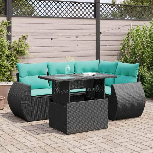 vidaXL 5-delige Loungeset met kussens poly rattan acacia zwart, foto 2