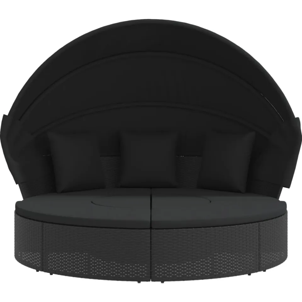 vidaXL Loungebed met luifel en kussens poly rattan zwart