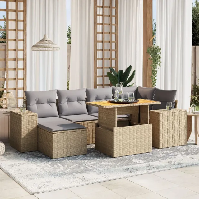 vidaXL 7-delige Loungeset met kussens poly rattan beige, foto 2