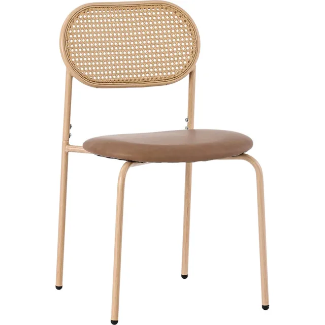 Merax Set van 2 Moderne Eetkamerstoelen - Rattan Rugleuning - Metalen Poten - PU Zitting - Voor Eetkamer - Woonkamer en Slaapkamer - Bruin