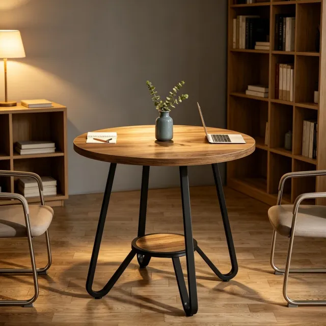 MIVRAY Bijzettafel - Ronde Houten Tafel Met Onderplank - Voor Woonkamer En Kantoor - Metaal Zwart Bruin - 80 Bij 75 Cm Zwart en bruin