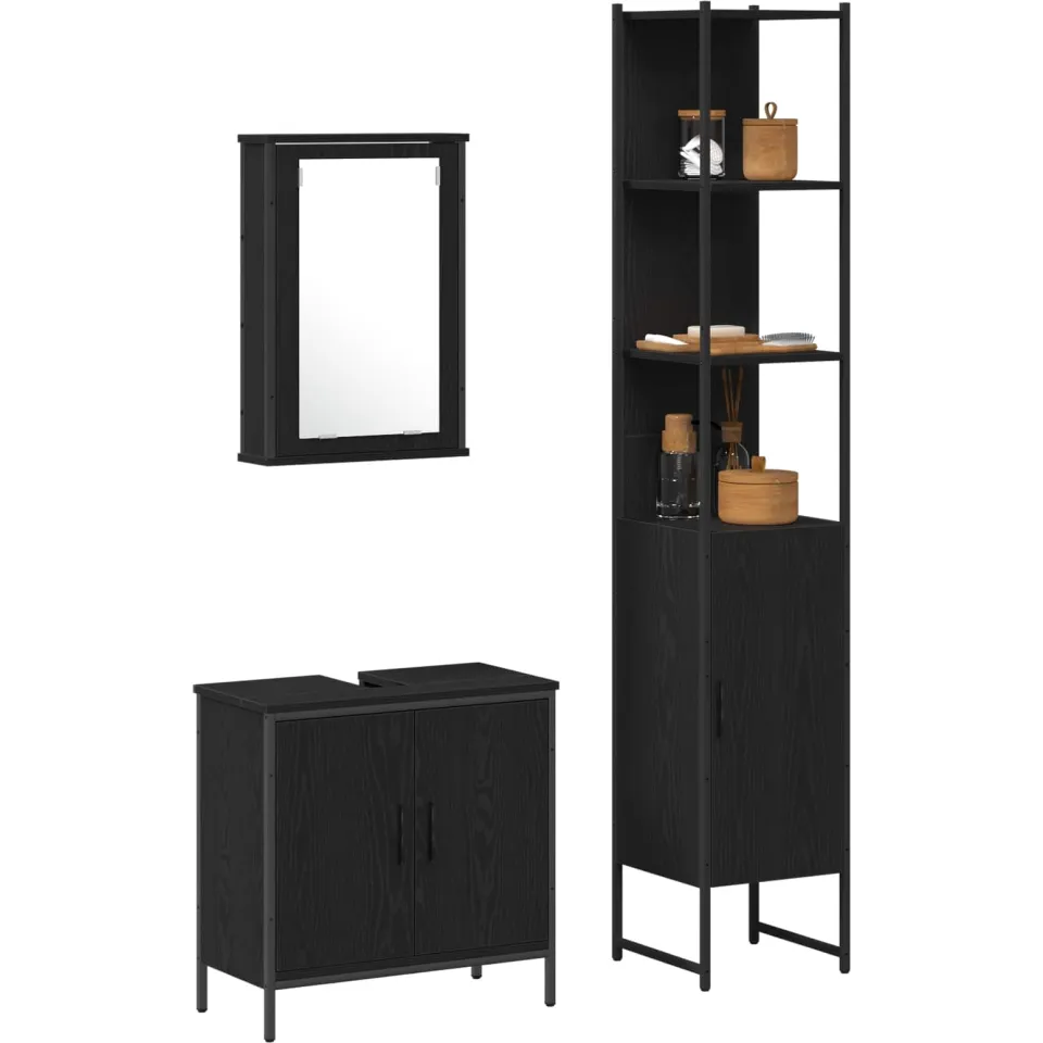 vidaXL Badkamermeubelset 3 st Zwart 33 x 33 x 185,5 cm Bewerkt hout