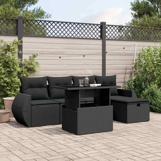 vidaXL 6-delige Loungeset met kussens poly rattan zwart, foto 2