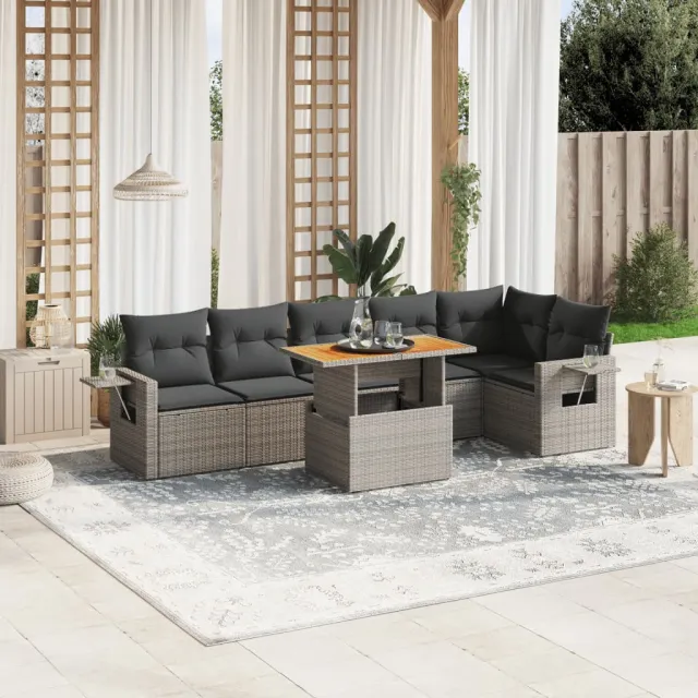 vidaXL 7-delige Loungeset met kussens poly rattan grijs, foto 2