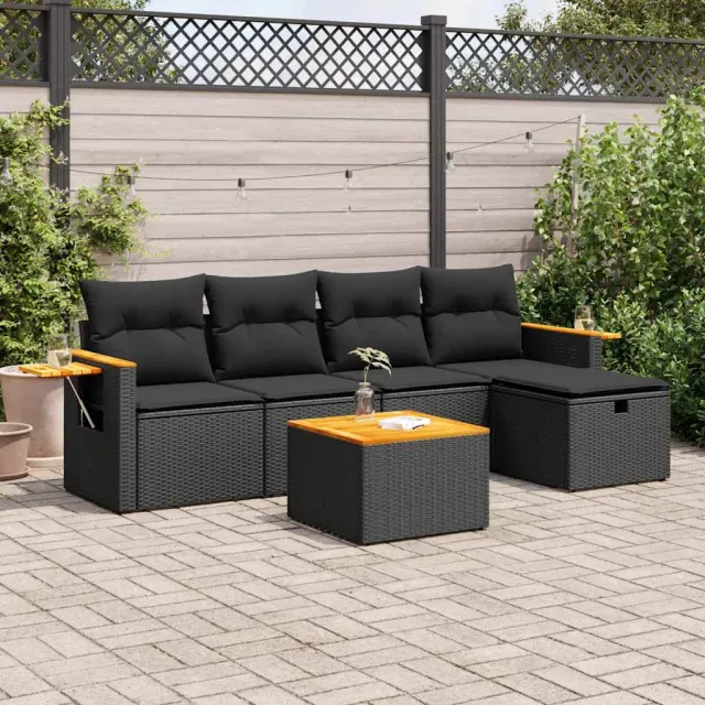 vidaXL 6-delige Loungeset met kussens poly rattan zwart, foto 2