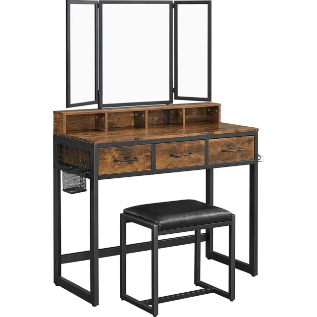 LUXGOODS® kaptafel met 3-delige klapspspiegel, Haardroger Houder, Cosmetische Tafel met gestoffeerde kruk, 3 lades, industrieel ontwerp, vintage bruin-zwart RVT004B01