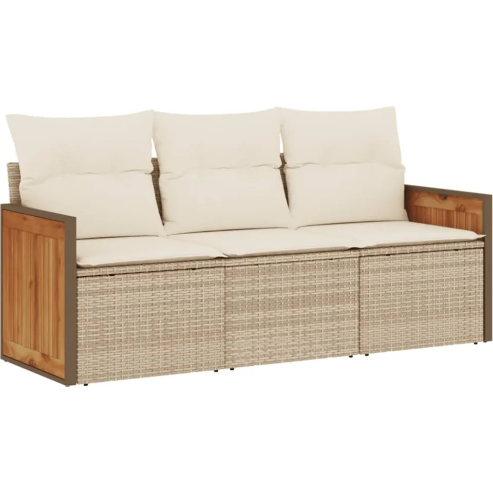 vidaXL 3-delige Loungeset met kussens poly rattan beige, foto 3